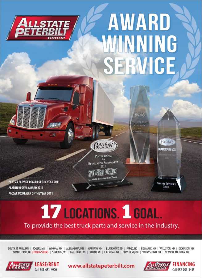 Allstate Peterbilt Group award winning service ad with photo of red Peterbilt trick and three glass awards