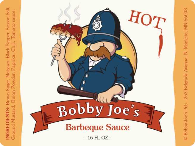 Bobby Joe's barbeque sauce label (hot) with illustration of English Bobby police officer