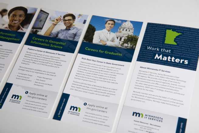 Minnesota IT Services careers rack cards for graduates, geospatial information science, and cybersecurity.