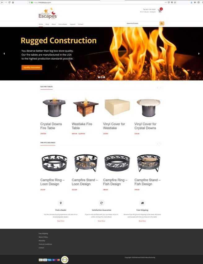 Exterior Escapes website homepage screenshot showing fire table and fire ring products