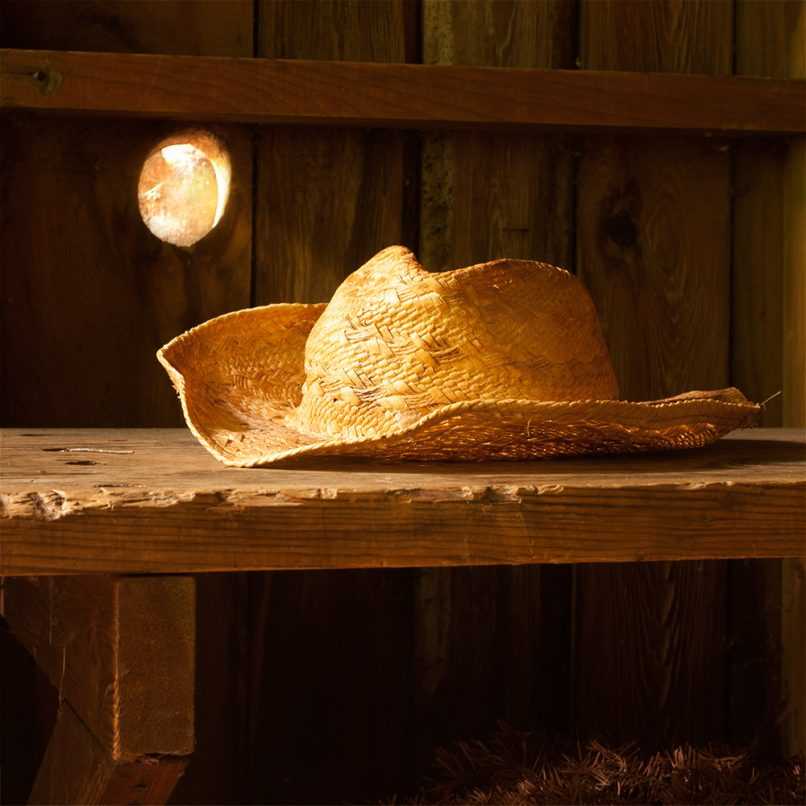 Straw hat sitting in shed next to knot hole through which a beam of light streams