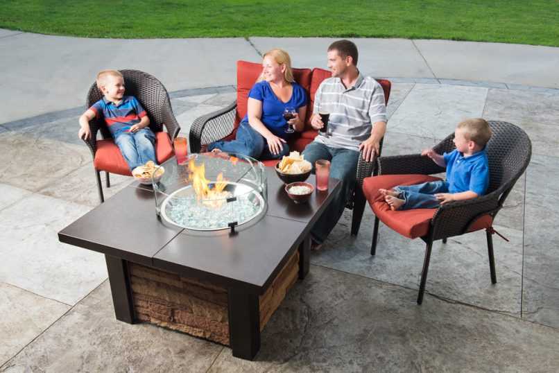 Family relaxing in front of fire table